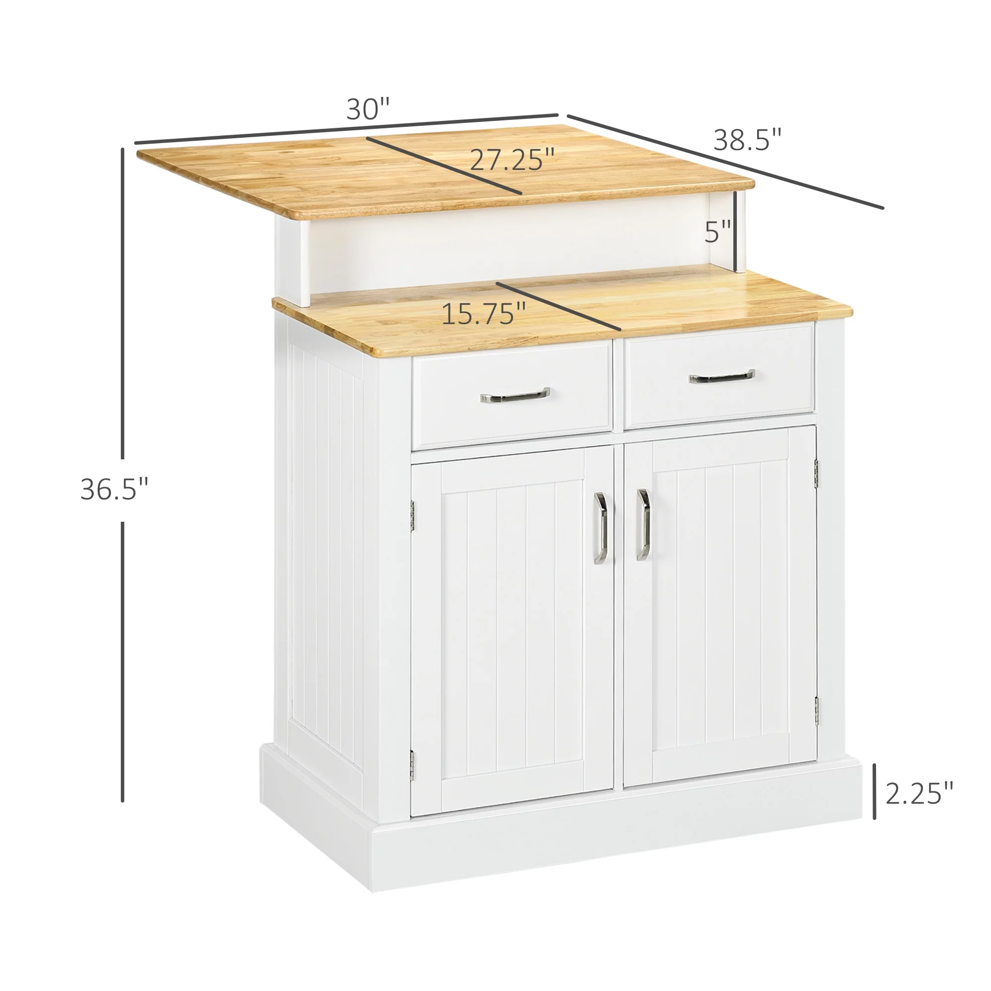 HOMCOM Kitchen Island with Storage Cabinet and 2-Level Rubber Wood Tabletop, Island Table with Adjustable Shelves and Drawers, White