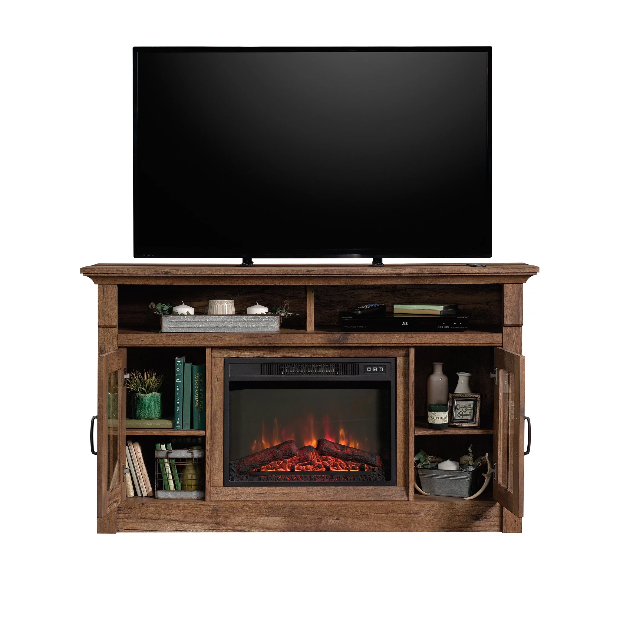 Sauder Rustic Fireplace TV Stand for TVs up to 50", Vintage Oak Finish