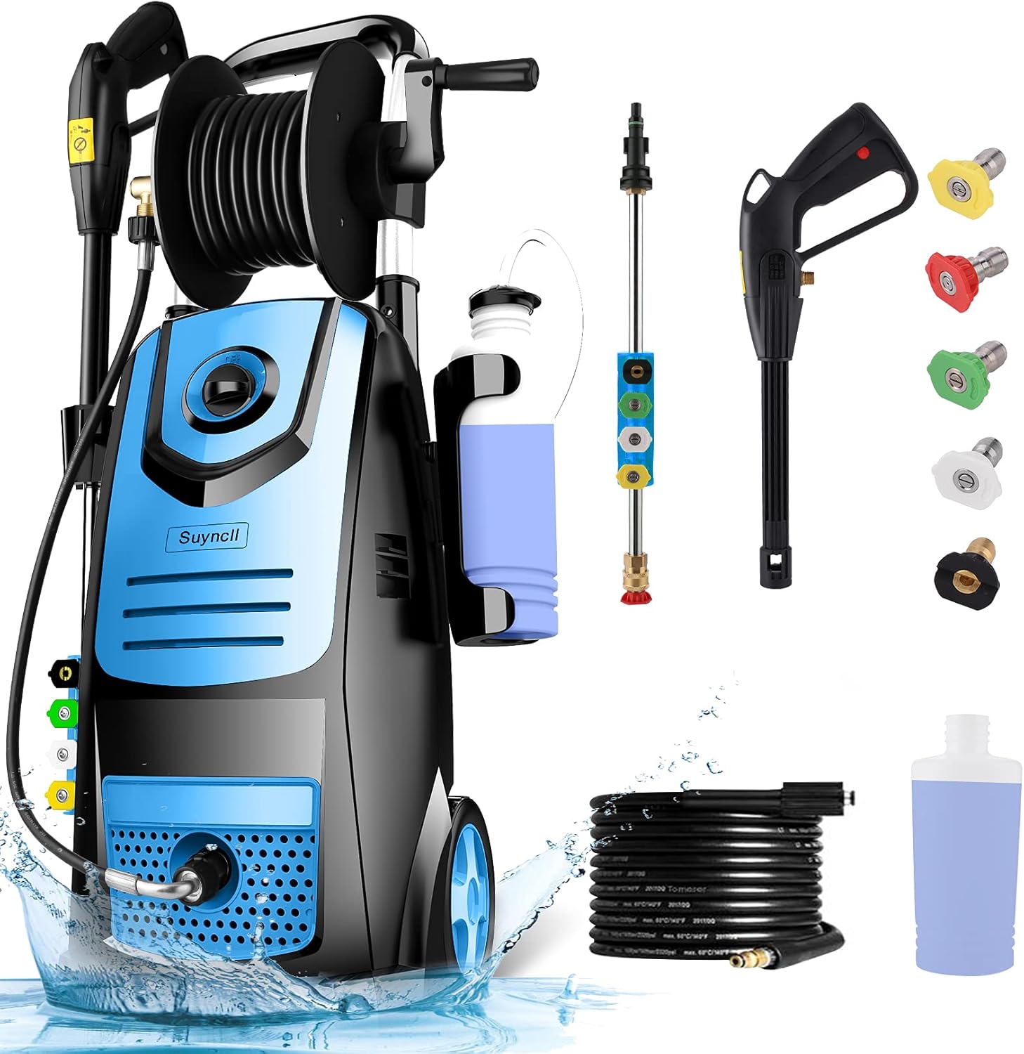 Pressure Washe, Suyncll Electric Power Washer Portable Cleaner Machine with 5 Nozzles and Hose Reel,for Homes, Cars, Driveways
