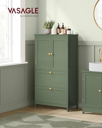 VASAGLE Bathroom Floor Storage Cabinet, Bathroom Storage Unit, Freestanding Cabinet with 4 Doors, Adjustable Shelves, 11.8 x 23.6 x 43.3 Inches, Forest Green UBBC552C01