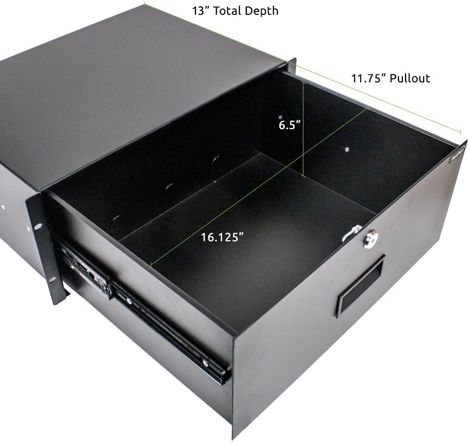 NavePoint Rack Mount Drawer for 19-Inch Server Cabinet Case Or DJ with Lock and Key 4U Black