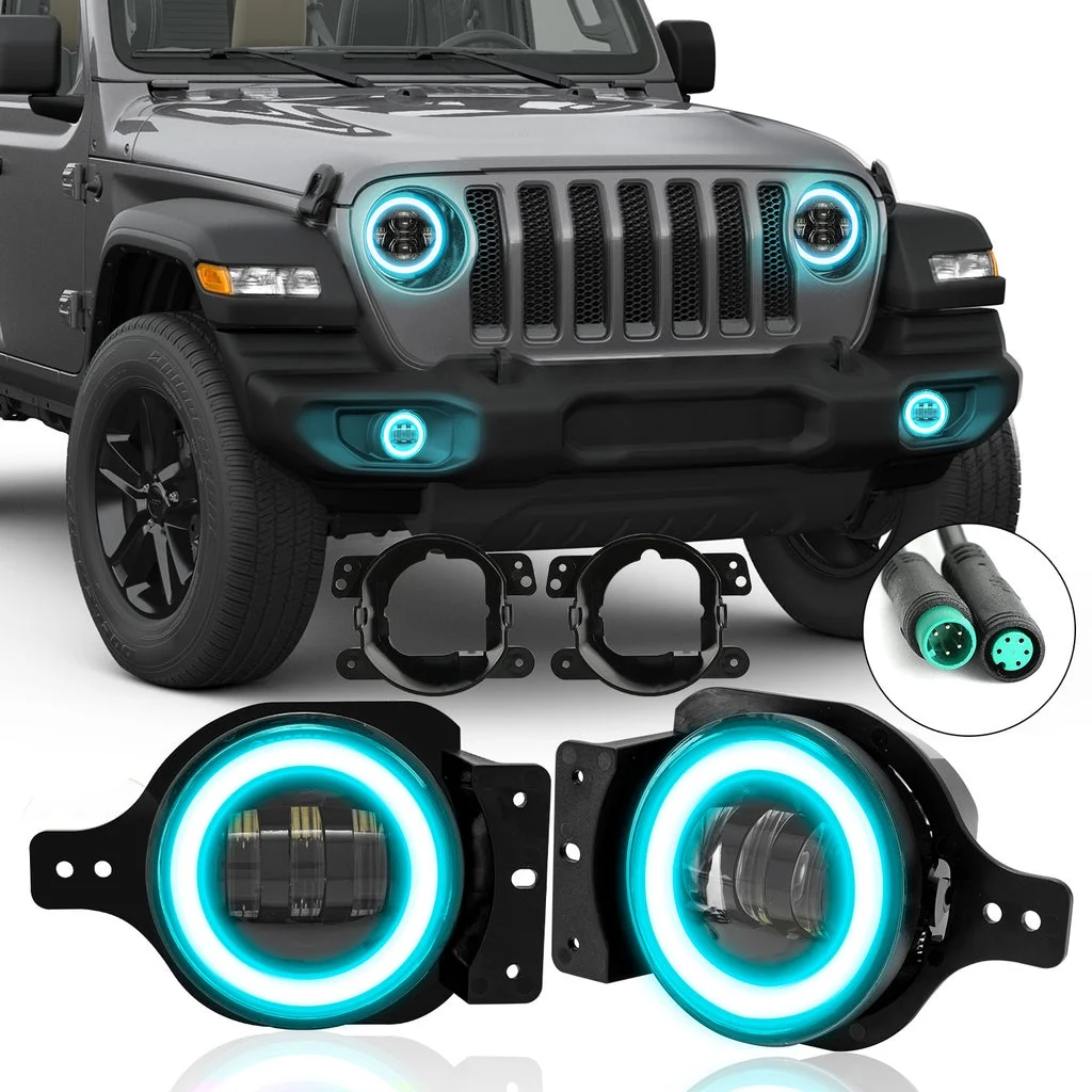 Sunpie Black 9" RGBW Halo LED Headlights & 4" RGBW LED Fog Lights for 2018-2024 Jeep Wrangler JL JLU Jeep Gladiator (JT)