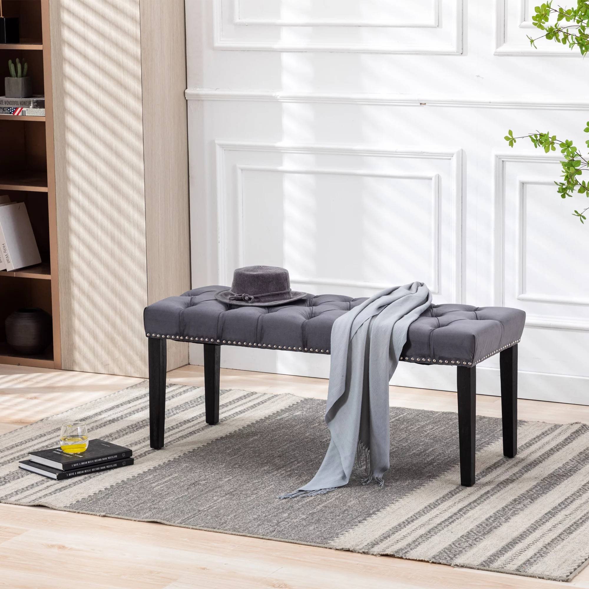 Upholstered Tufted Bench Ottoman, Modern Velvet Ottoman Bench, Button Dining Bench Window Seat for Living Room Bedroom, Fabric Entryway Bench with Wood Legs, Dark gray