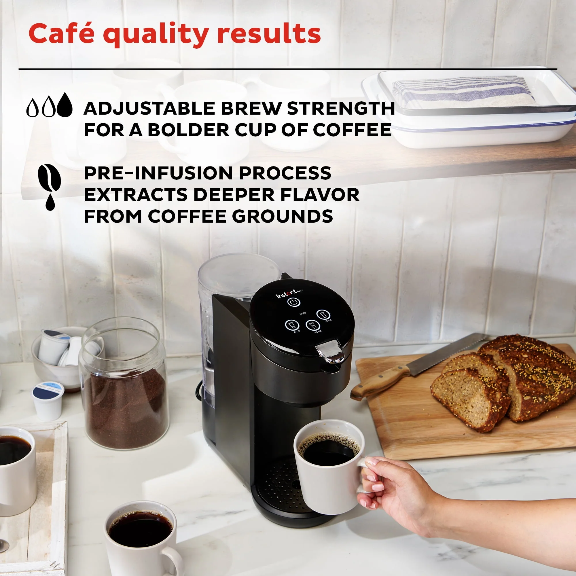 Instant Solo 2-in-1 Single Serve Coffee Maker for Ground Coffee or K-Cup Pods with 3 Brew Sizes, Maroon Red