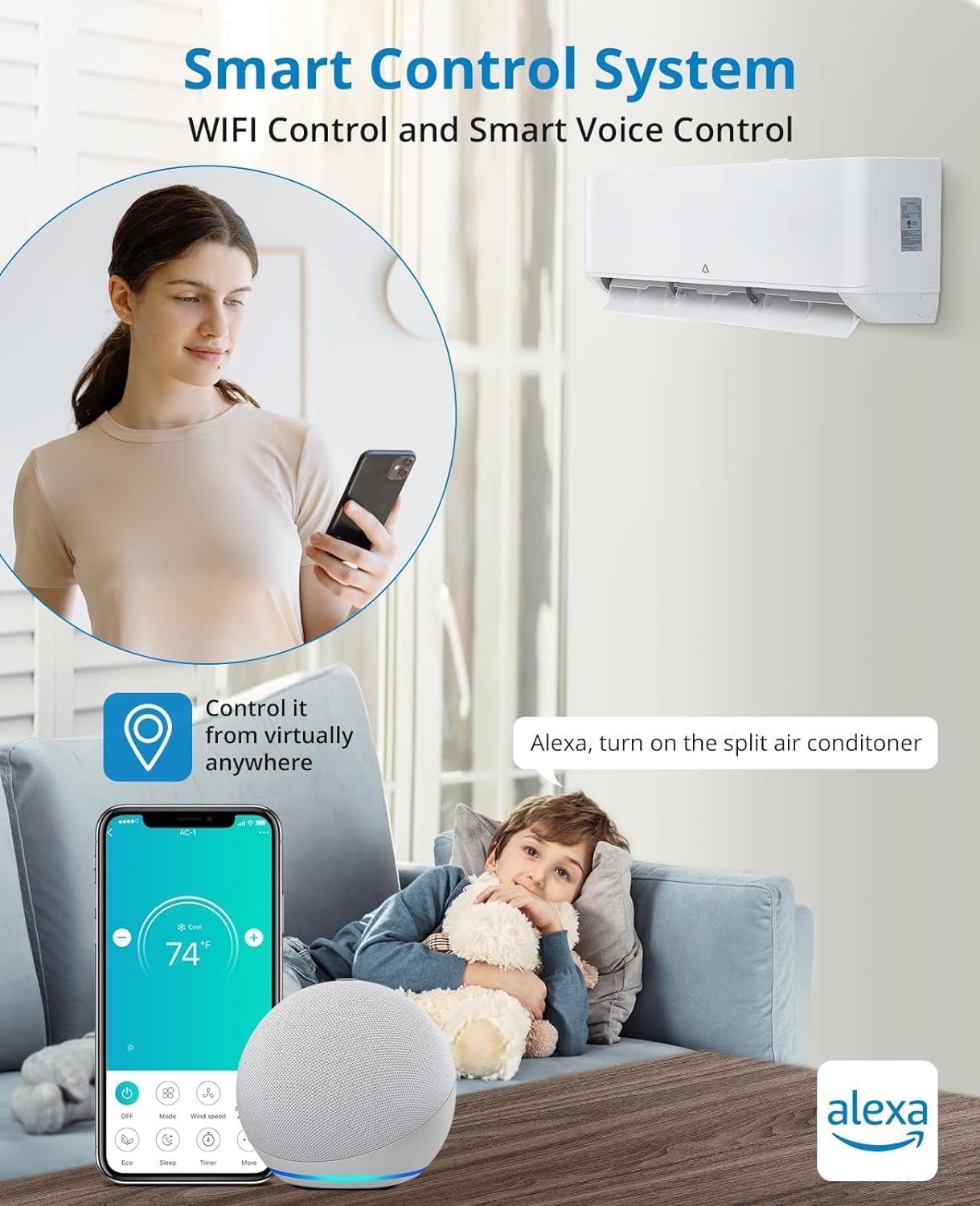 Split Air Conditioner 12,000Btu, ACONEE Split AC/Heating System 23 SEER Split-System Air Conditioner Inverter Wall Mount Ductless Split A/C, Cools Up to 750 Sq. Ft, Full 16.4 ft Installation Kits