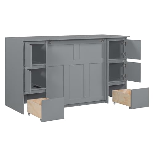 Twin Size Murphy Beds with Charging Station and Storage Drawers, Wood Cabinet Bed Frame, Wall Bed with Outlet & USB Ports for Home Office Studio, White