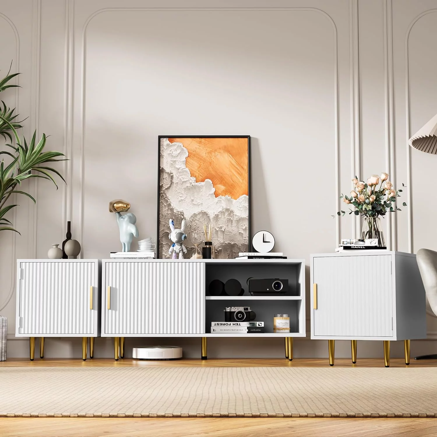 Cozy Castle 70" TV Stand for 50/60/70/80 inch TV, Modern Entertainment Center for Up to 80" TV, TV Media Stand with Storage Cabinet, TV Console with Gold Legs for Living Room, Bedroom, White