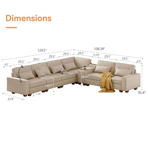 Modular Sectional Sofa, Convertible U Shaped Sofa Couch with Central Console & USB Ports, 7 Seat Modular Sectionals Couch with Chaise and Storage for Living Room, Light Grey