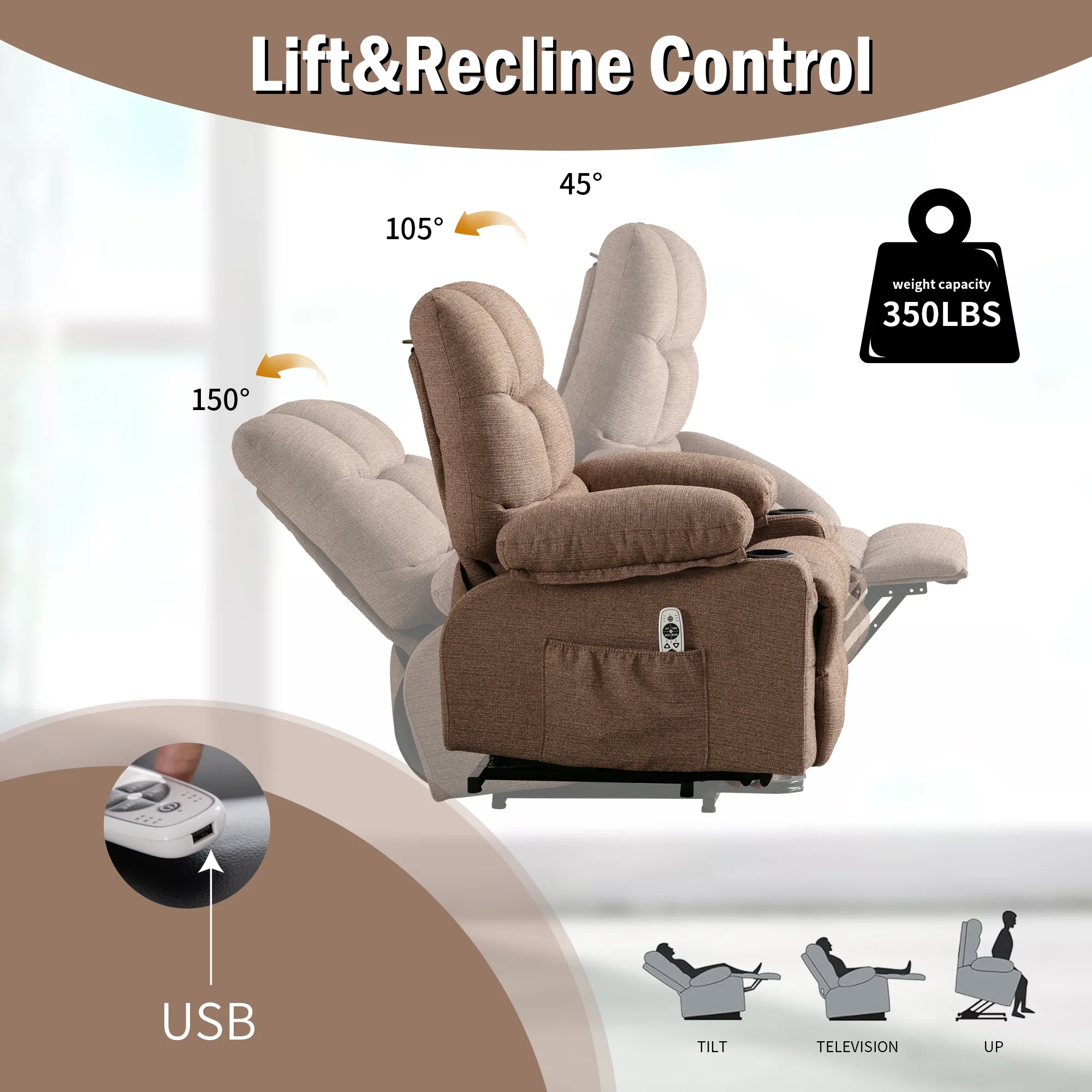 Power Lift Recliner Chair, 23in Wide Large Recliner Chair for Elderly with Massage and Heating, Electric Massage Lift Recliner Chair with Cup Holder, Pocket, USB Port, 330lbs Weight Capacity, Brown - Curated Treasures Market