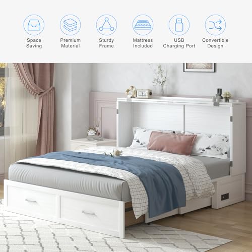 PUREMIND Queen Murphy Bed Cabinet with 2 Storage Drawers, Hideaway Murphy Chest Bed with Mattress, Cabinet Beds Wallbed with USB Charging Station for Bedroom, Guest Room