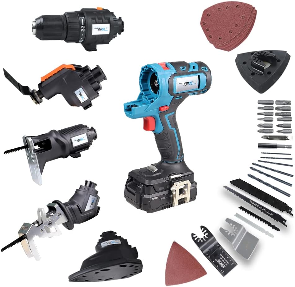NEWONE 20V MAX Power Tool Combo Kits with Case, 4-Tool Attachments Drill, Reciprocating saw, Oscillating tool, Sander With Accessoreis For Cutting, Scraping, Moving, Drilling and Sanding