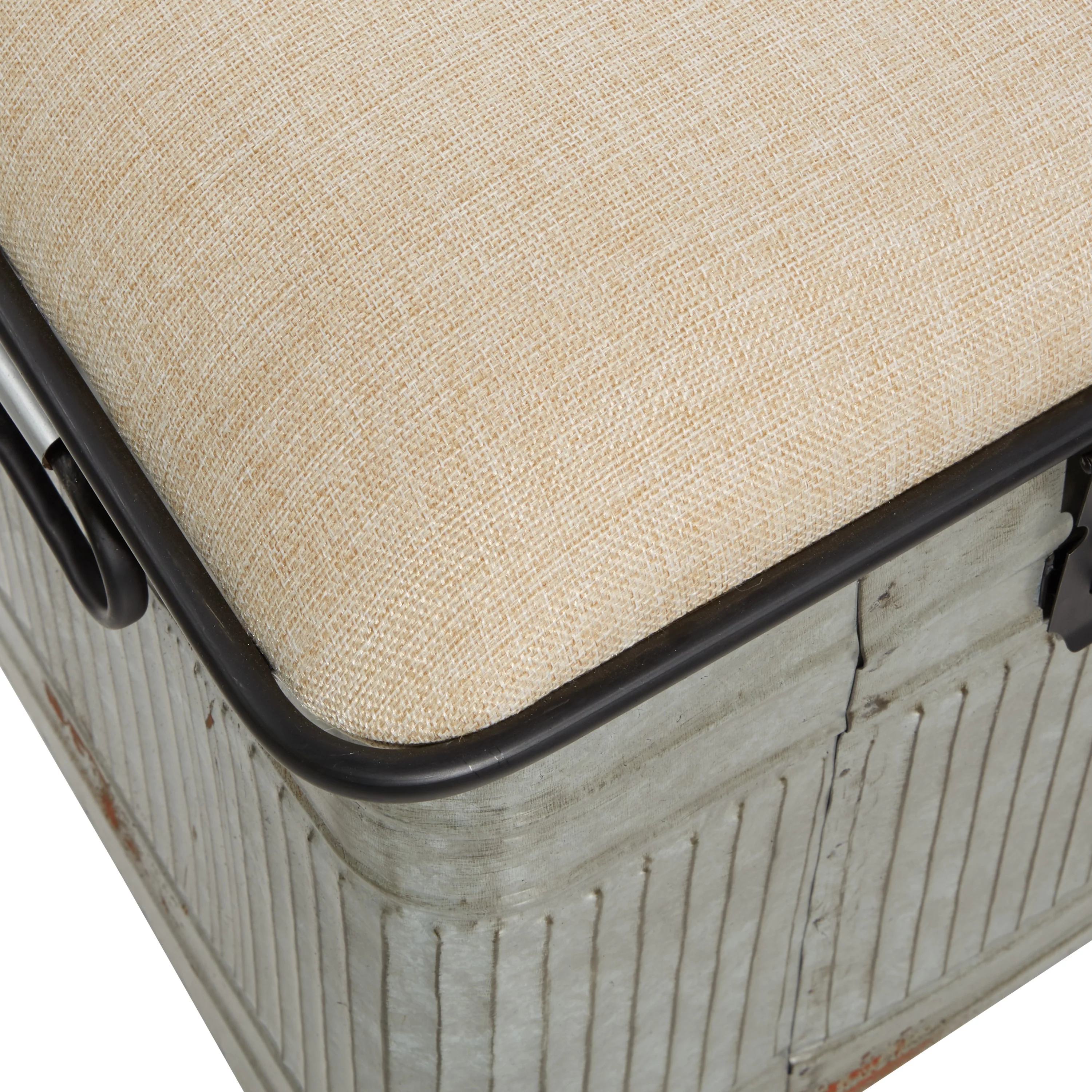 DecMode Metal Galvanized Storage Bench with Cream Burlap Top, Gray