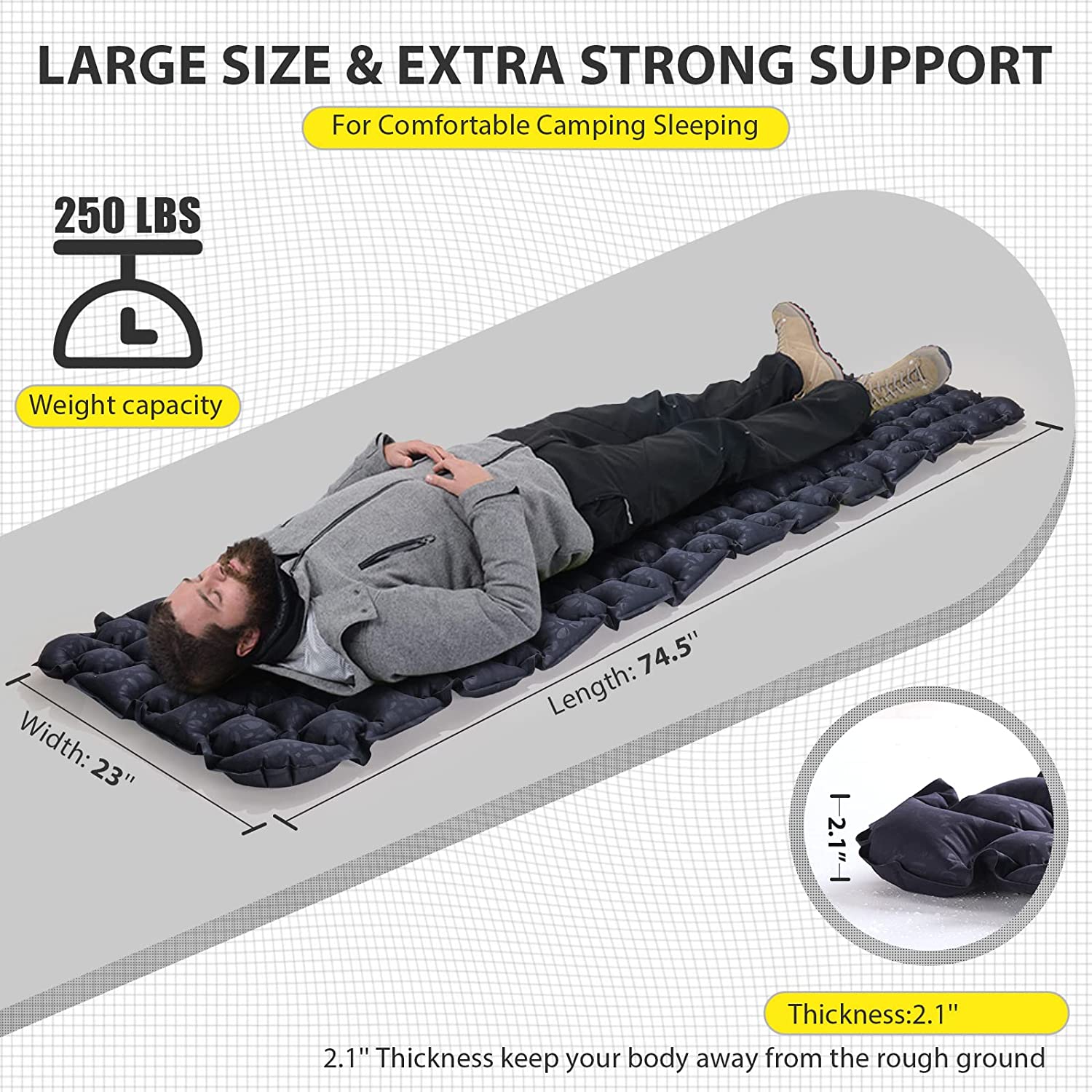Beyondhome Sleeping Pad, 74.5"L x 23"W x 2.1"H One Person Camping Mattress for Backpacking, Hiking- Navy Blue