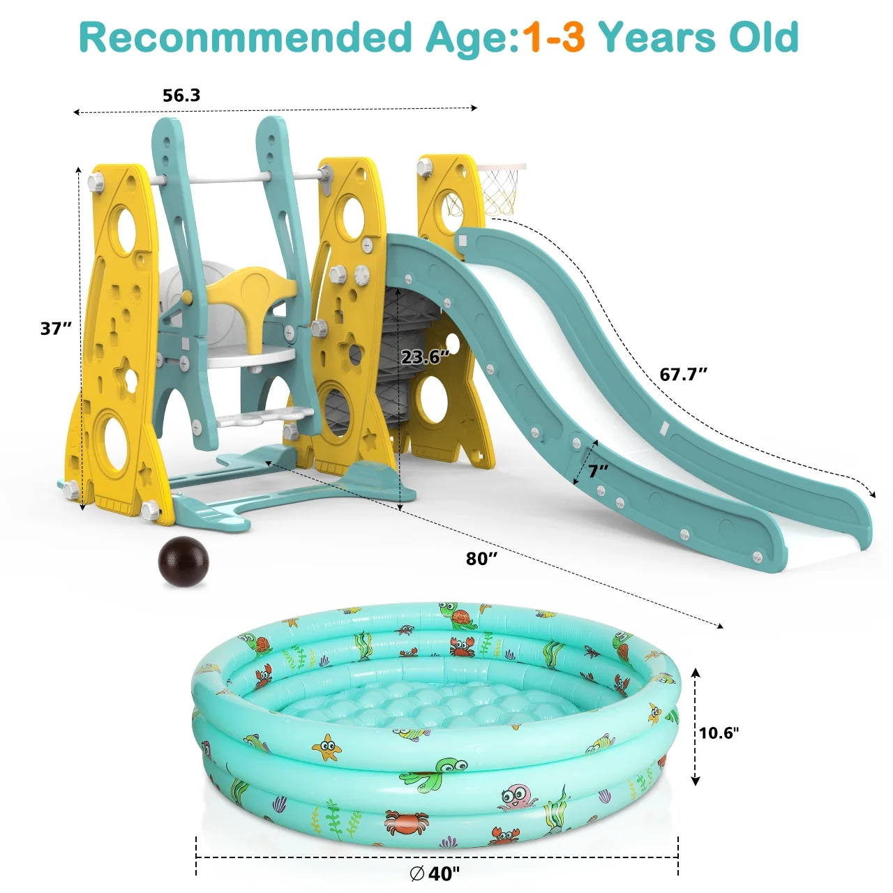 GIKPAL 6 in 1 Toddler Slide and Swing Set, Kids Large Climber Slide Playset with Basketball Hoop Playground Swing Set for Indoor Outdoor Backyard 3-10 Gifts Presents