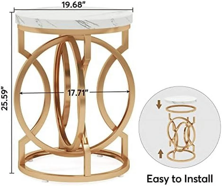HJZBNONE Round End Table Set of 2  Multifunctional Accent Table Small Side Table for Living Room  Modern White Gold Nightstand with Faux Marble Tabletop  Bedside Table for Bedroom (2 PCS)