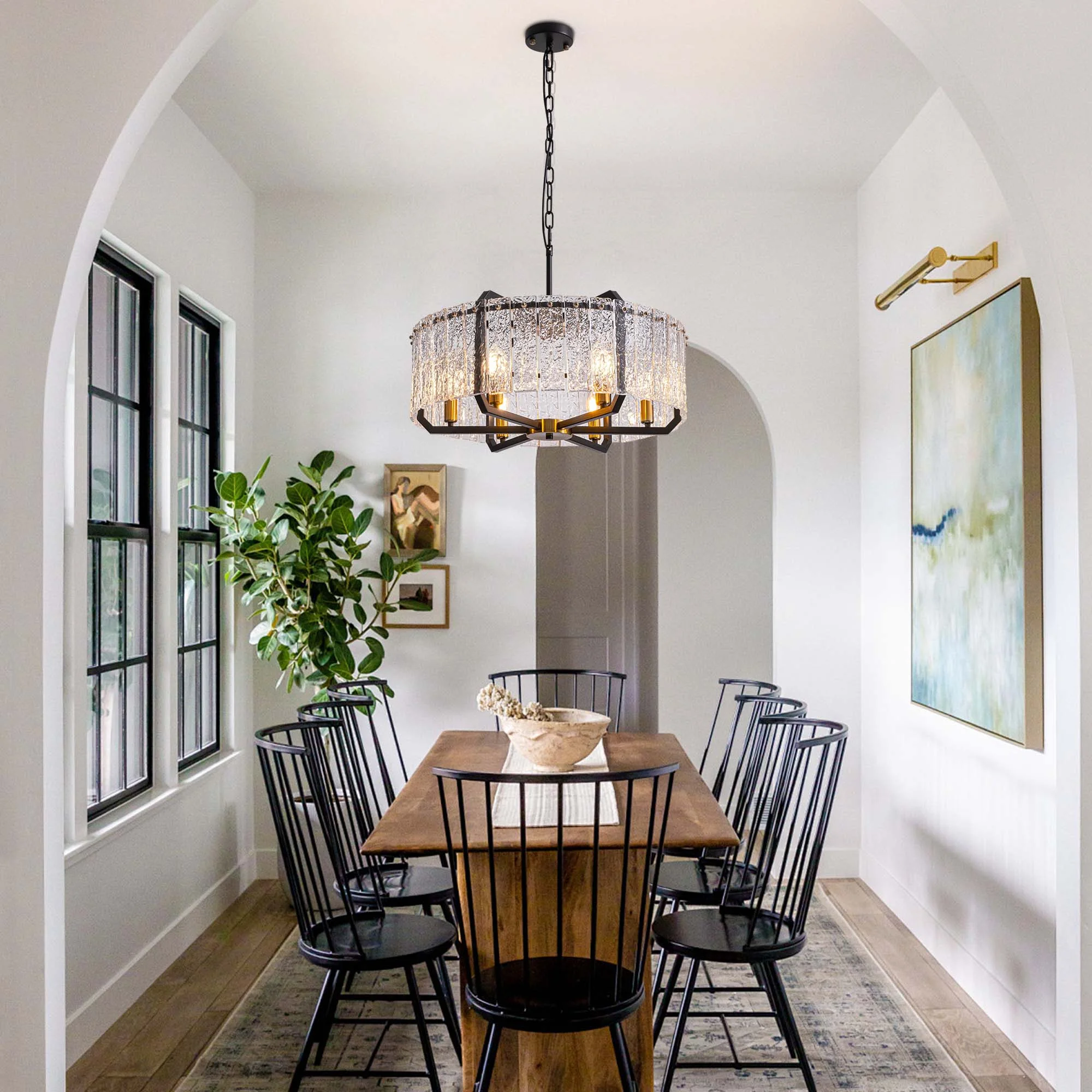HOOMEDELIER Modern Crystal Chandeliers Lighting for Dining Room,  6-Light Luxury Water Ripple Glass Black Ceiling Light Fixture, Round Drum Chandelier for Kitchen Island, Entryway, Farmhouse 25"D*11"H