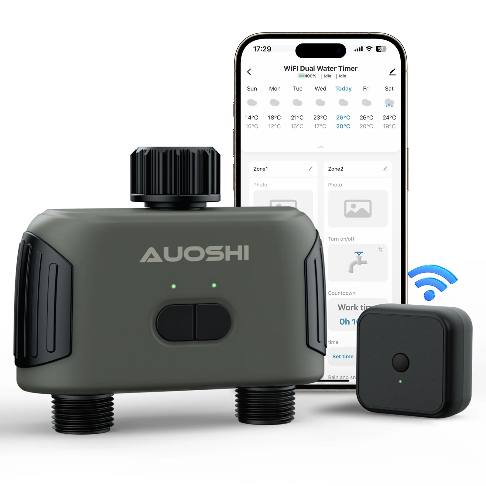 WiFi Sprinkler Timer, AUOSHI Smart Water Timer for Garden Hose, 2 Outlets, Automatic Irrigation System with WiFi Hub, Up to 20 Watering Plans, APP Control, Work with Alexa and Google Assistant - Curated Treasures Market