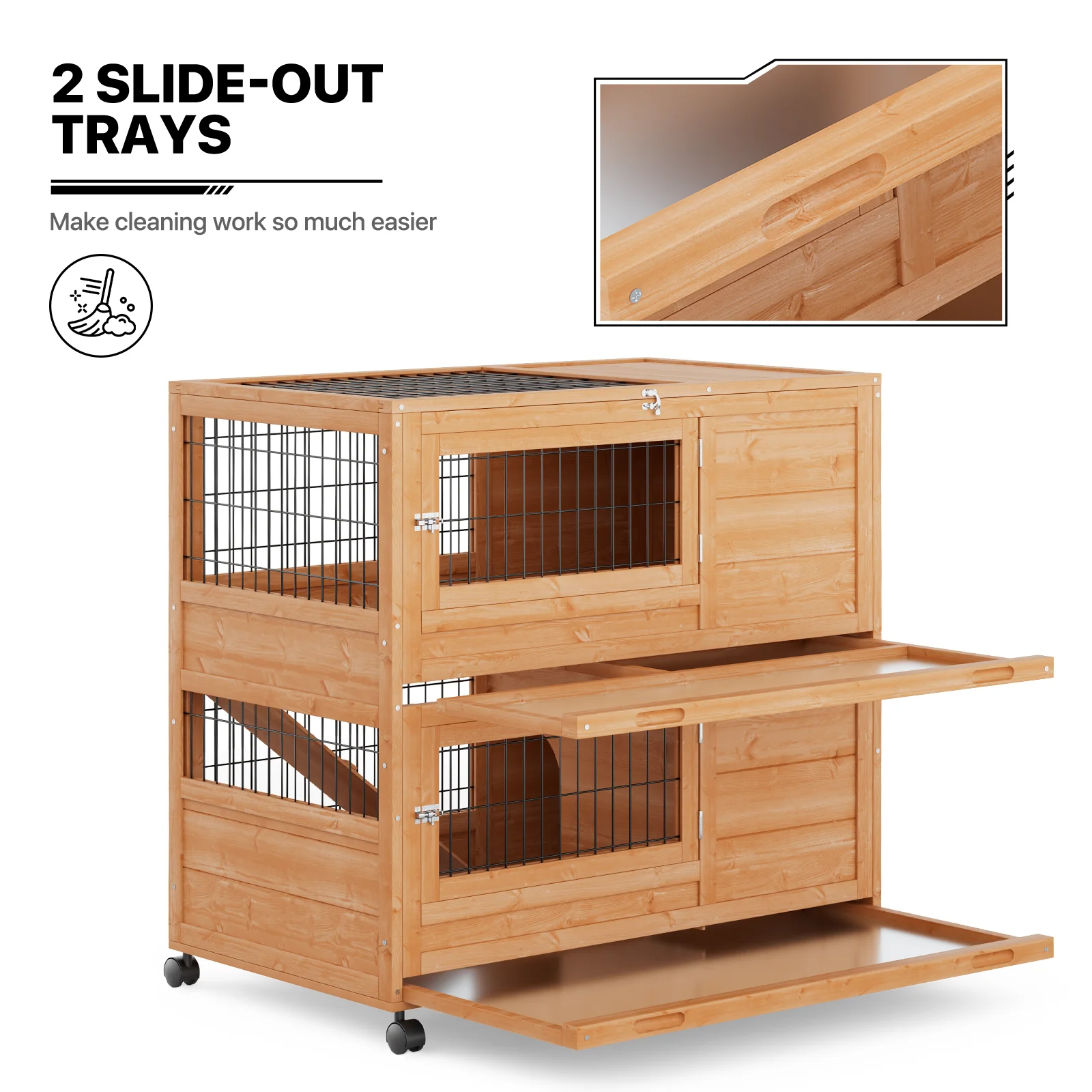 MoNiBloom 35.5" Wooden Rabbit Hutch w/2 Slide-Out Trays, Anti-Slip Ramp Bunny Cage w/4 Wheels, Natural - Curated Treasures Market