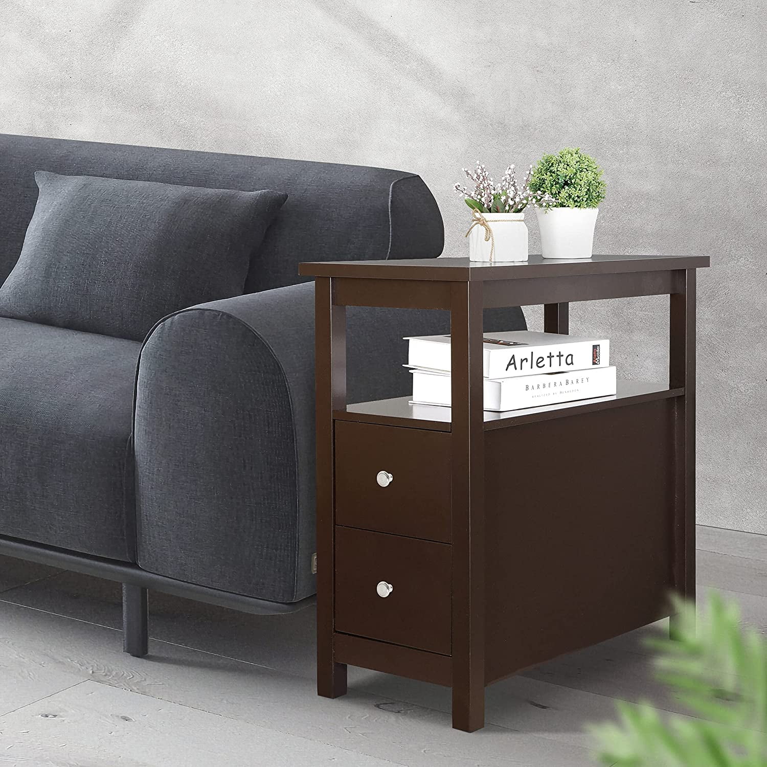 Side Table Set of 2 Chairside Table Narrow End Table with  Shelf and Drawers Small End Table for Bedroom Living Room Kitchen Wood Espresso