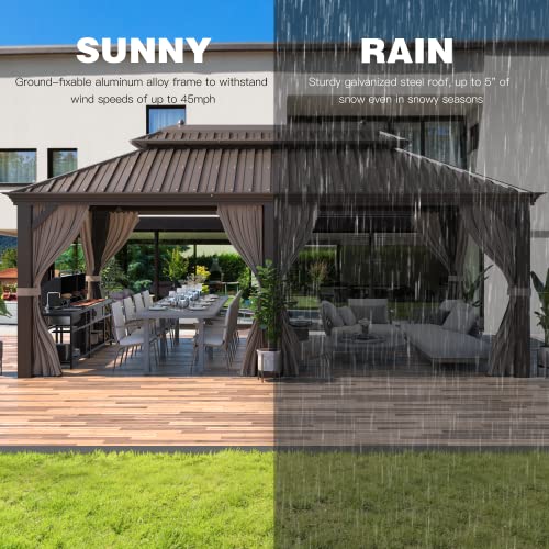 YOLENY 10' x 12' Hardtop Gazebo, Wood-Looking Gazebo with Galvanized Steel Double Roof, Aluminum Frame, Permanent Metal Pavilion with Netting and Curtains for Deck, Backyard, Patio and Lawns