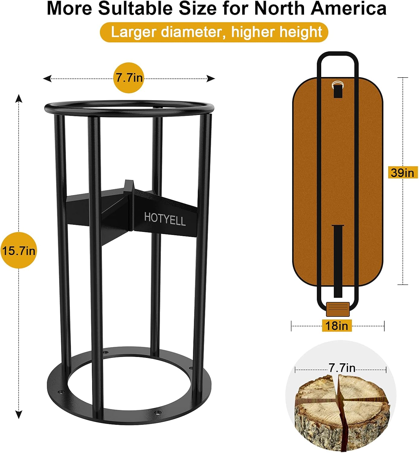 HOTYELL Firewood Splitter, High Carbon Steel Wood Splitter with Fixed Awl, Manual Log Splitting Wedge Tool, 4 Parts at One Time, Canvas Firewood Carrier Included
