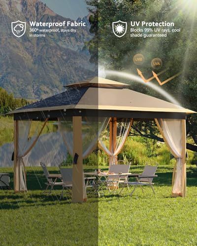 11x11 Pop Up Gazebo Tent with Mosquito Netting, Outdoor Canopy Shelter Easy Setup, Water & UV Resistant - Khaki