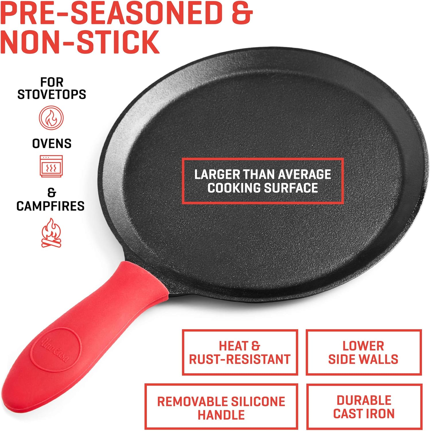 Uno Casa Cast Iron Tortilla Press 8 Inch with Cast Iron Comal Pan - Bundle of Tortilla Pan for Roti, Tawa, Dosa and Pre-Seasoned Tortilla Press Pataconera