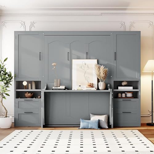 MERITLINE Full Murphy Bed with Desk and Storage 2 Closet,Drawers&Shelves, Wood Folding Murphy Wall Bed Cabinet for Adults (Full,White with Drawers)