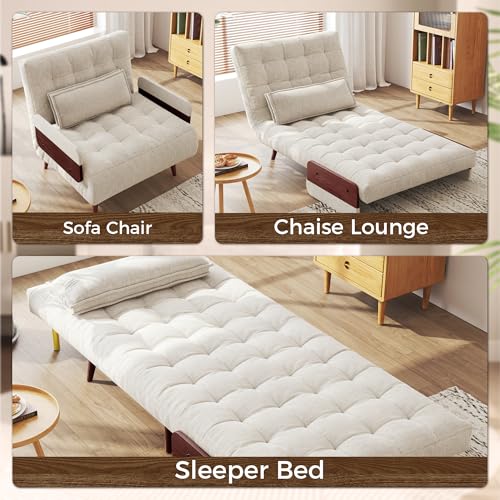 3-in-1 Convertible Chair Bed Sleeper for Adults, Linen Convertable Sleeper Chair with Wooden Arms & Pillows, Foldable Single Futon Sofa Bed (Mid Century with Walnut Arm, 36.6" Wide)