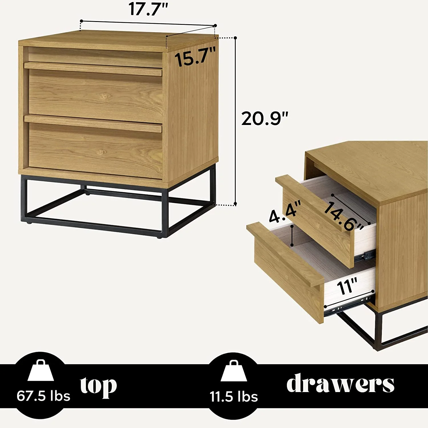 Cyra Natural Oak Nightstand - Fully Assembled Solid Wood Night Stand With Two Drawers, Black Metal Base - Ideal Wooden Nightstand For Bedroom