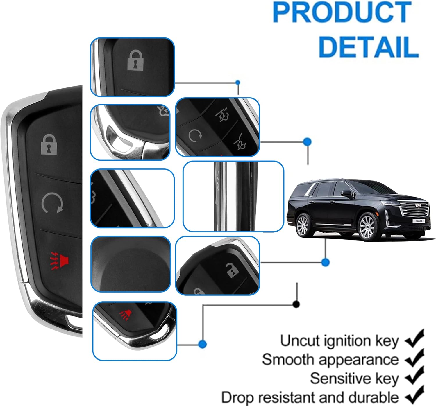KRSCT 6-Btn Key Fob fit for Cadillac Escalade2015-2020/ Cadillac Escalade ESV 2015-2020 Remote Control Replacement Car Start Keyless Entry FCC ID: HYQ2AB (315MHZ) Pack of 2