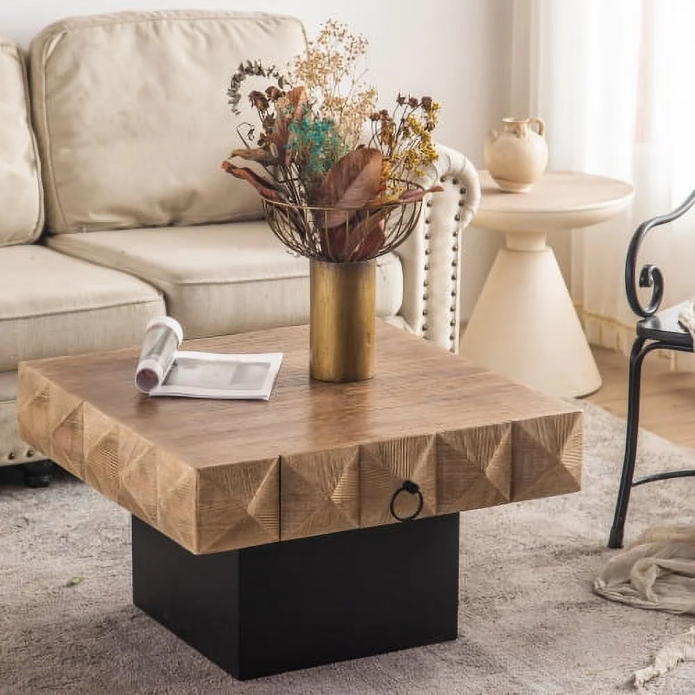 Motent 32.28"Three-dimensional Embossed Pattern Square Retro Coffee Table with 2 Drawers and MDF Base