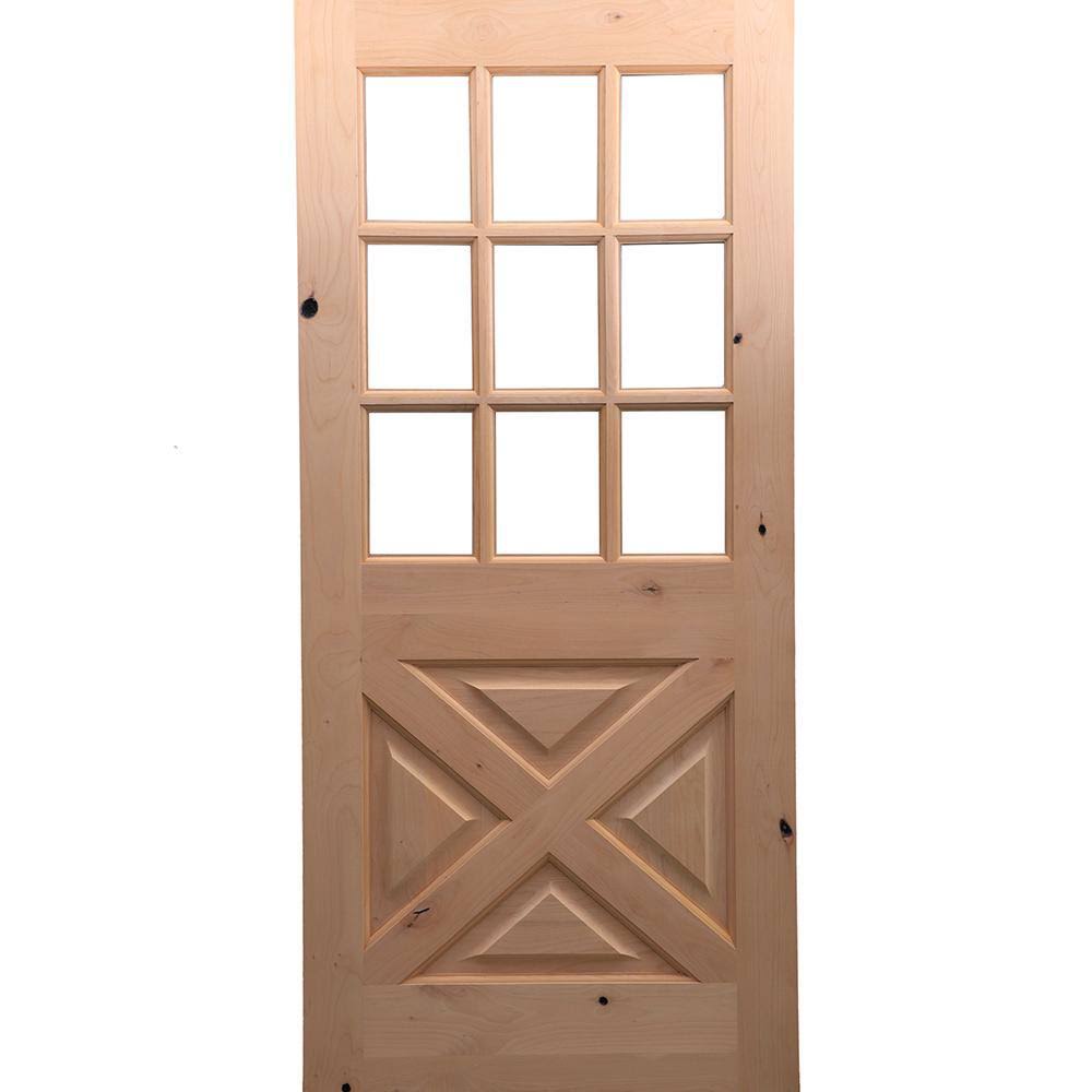 Krosswood Doors 36 in. x 80 in. Rustic Knotty Alder 9-Lite Clear Glass with X-Panel Unfinished Wood Front Door Slab