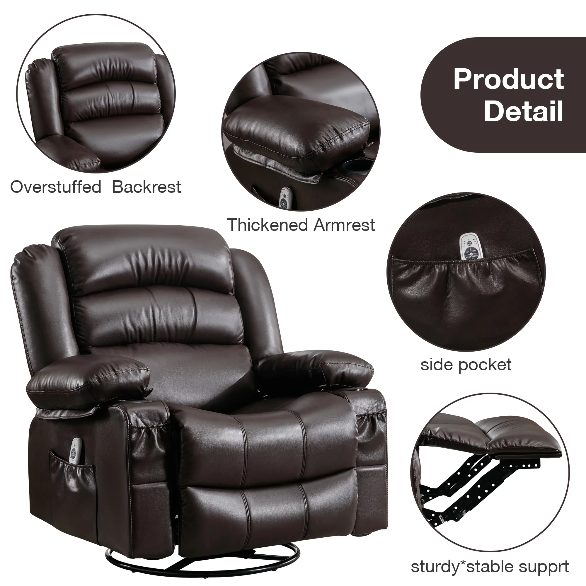 Massage Swivel Rocker Recliner Chair with Vibration Massage and Heat Ergonomic Lounge Chair for Living Room with Rocking Function and Side Pocket 2 Cup Holders USB Charge Port, Brown