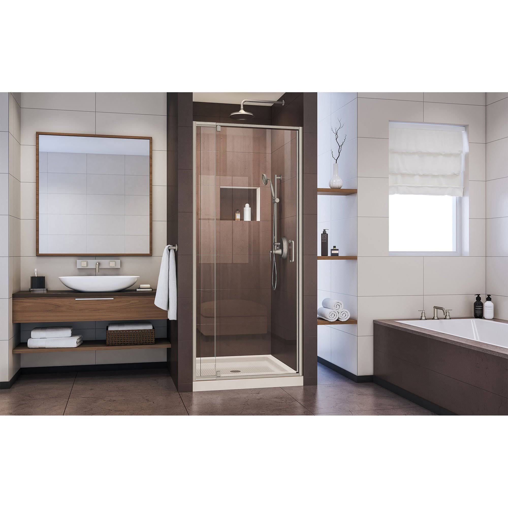 DreamLine DL-6216C-22-04 Flex 36x22 D x 36x22 W x 74 3/4x22 H Semi-Frameless Pivot Shower Door in Brushed Nickel and Center Drai