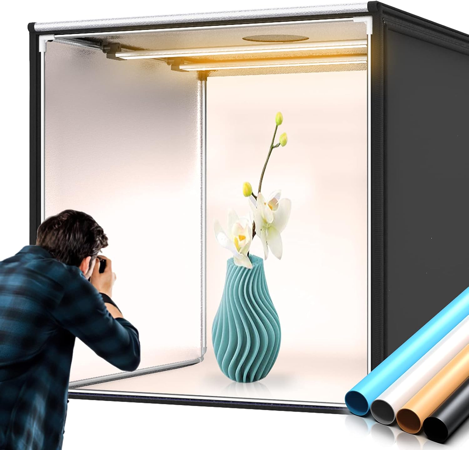 FOSITAN Bi-Color 2600K-8500K Photo Box, 39"/100cm Dimmable Photo Light Box Portable Folding Shooting Studio Tent with 4 Color Backdrops, 2 LED Light Bars,13000LM for Professional Product Advertising