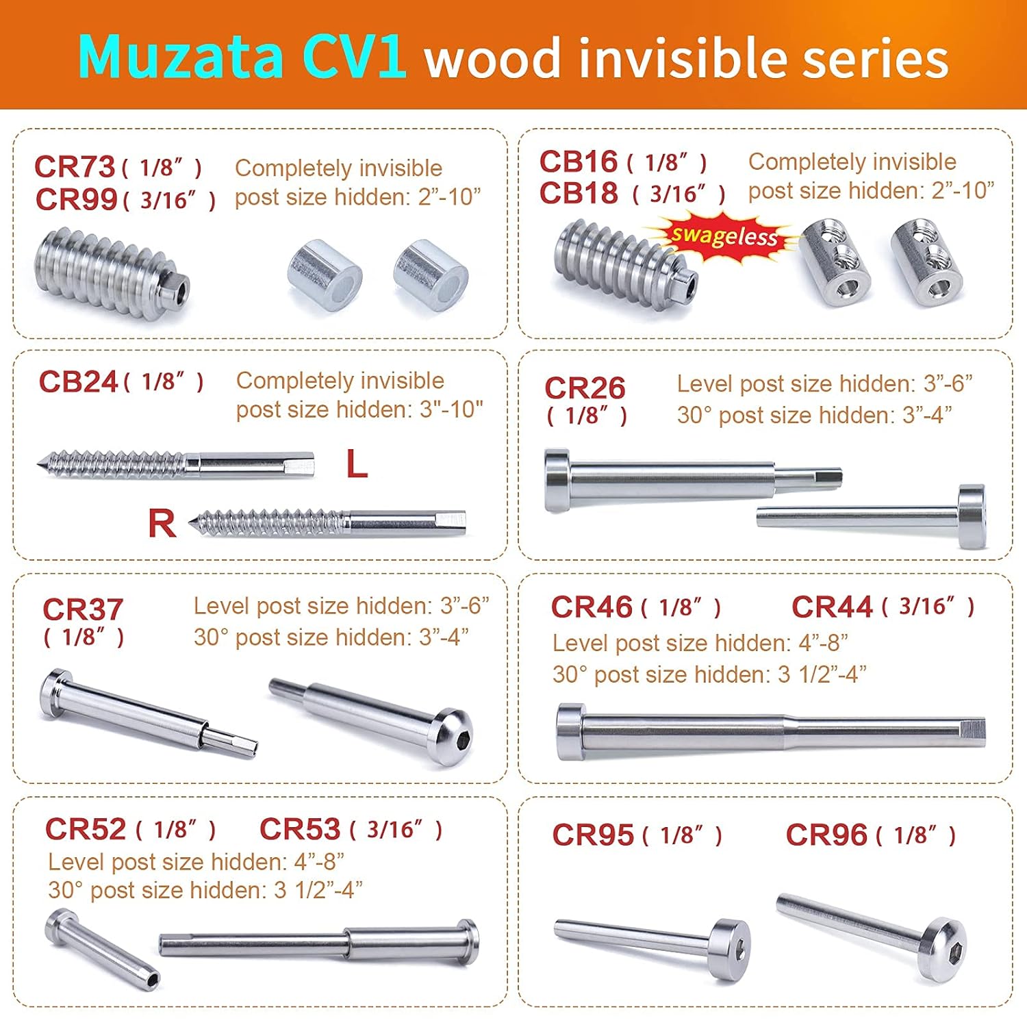 Muzata 20Pair Invisible Cable Railing kit 1/8" Swage Tensioner and Terminal Hidden T316 Stainless Steel for 2"x2" and 4"x4" Wood Metal Post Deck Stairs WoodHidden System CR26, CV1 CV2