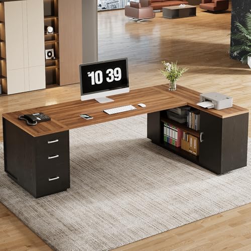Tribesigns 85.8-Inch L-Shaped Executive Desk with File Drawers, Door Cabinet & Shelves, Extra Large Commercial Office Desk, Modern Professional Office Table, White & Brown Business Furniture