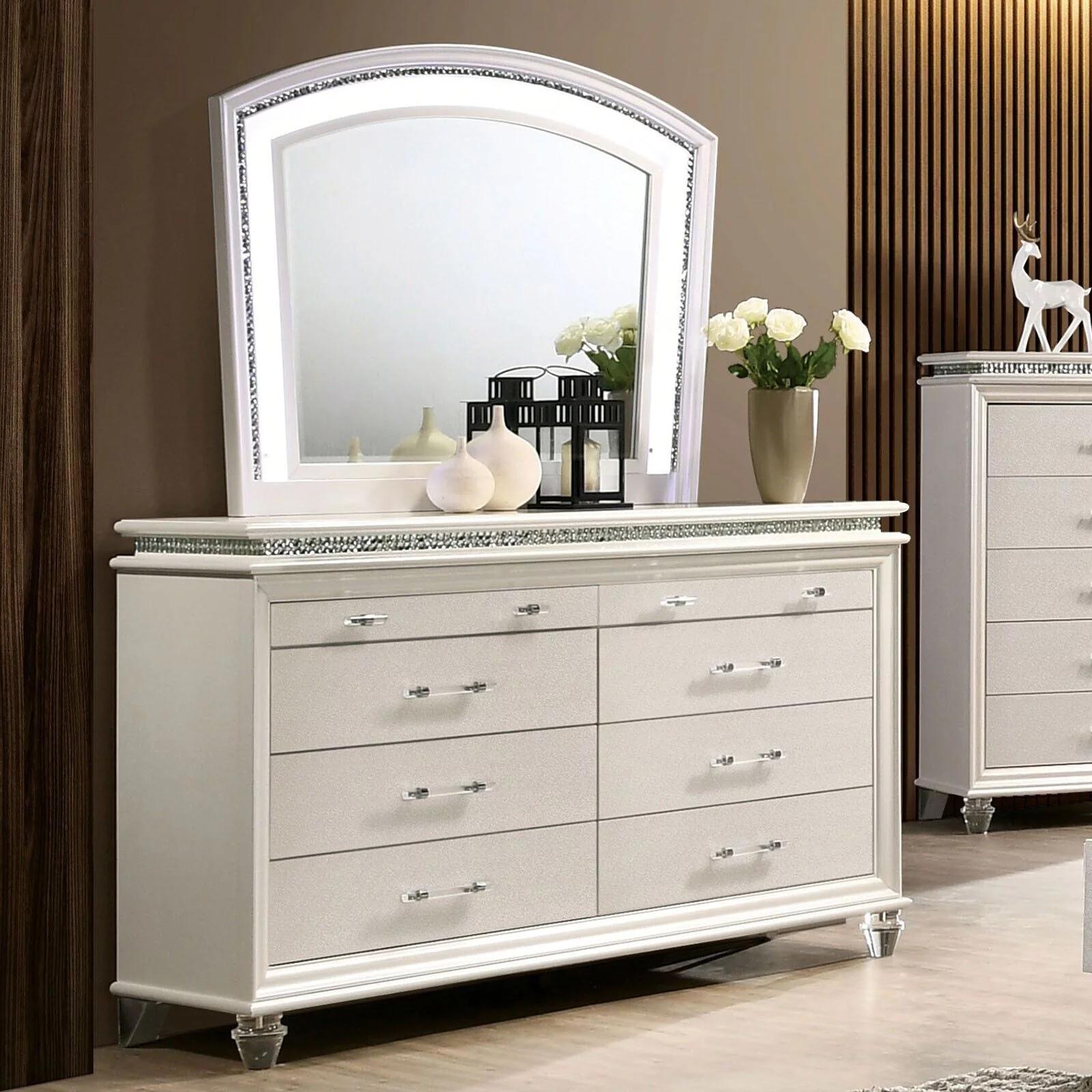 Antique Contemporary Pearl White 4pc Bedroom Queen Size Bed Set Dresser Mirror Nightstand Bedroom Furniture Padded HB LED