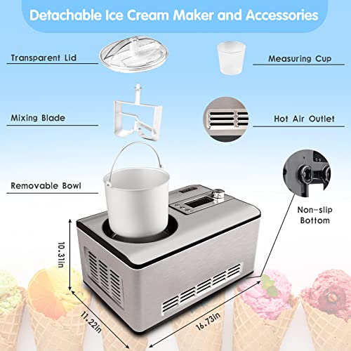 KUMIO Ice Cream Maker with Compressor, No Pre-Freezing, 4 Modes Ice Cream Maker Machine with LCD Display, Timer