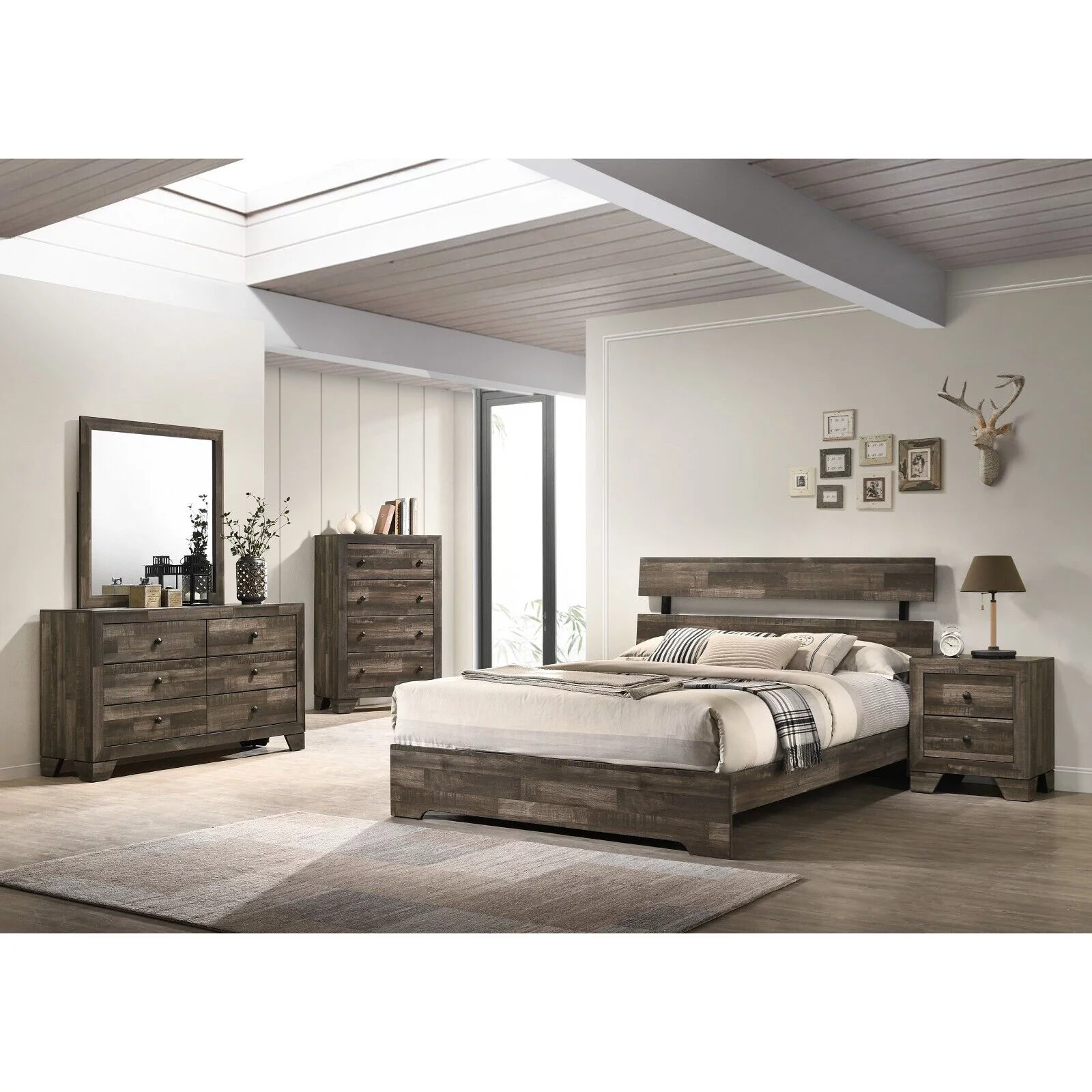 Rustic Brown Finish 6pc King Size Platform Bedroom Set Bed Dresser Mirror Nightstands Chest