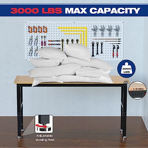 WORKPRO 48" Adjustable Workbench, Rubber Wood Top Heavy-Duty Workstation, 2000 LBS Load Capacity Hardwood Worktable with Power Outlets, for Workshop, Garage, Office, Home