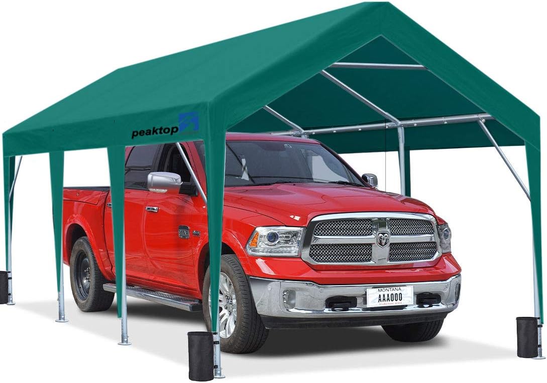 PEAKTOP OUTDOOR 12 x 20ft Upgraded Heavy Duty Carport,Portable Car Canopy,Garage Tent,Boat Shelter with Reinforced Triangular Beams and 4 Weight Bags,with Ground Bar