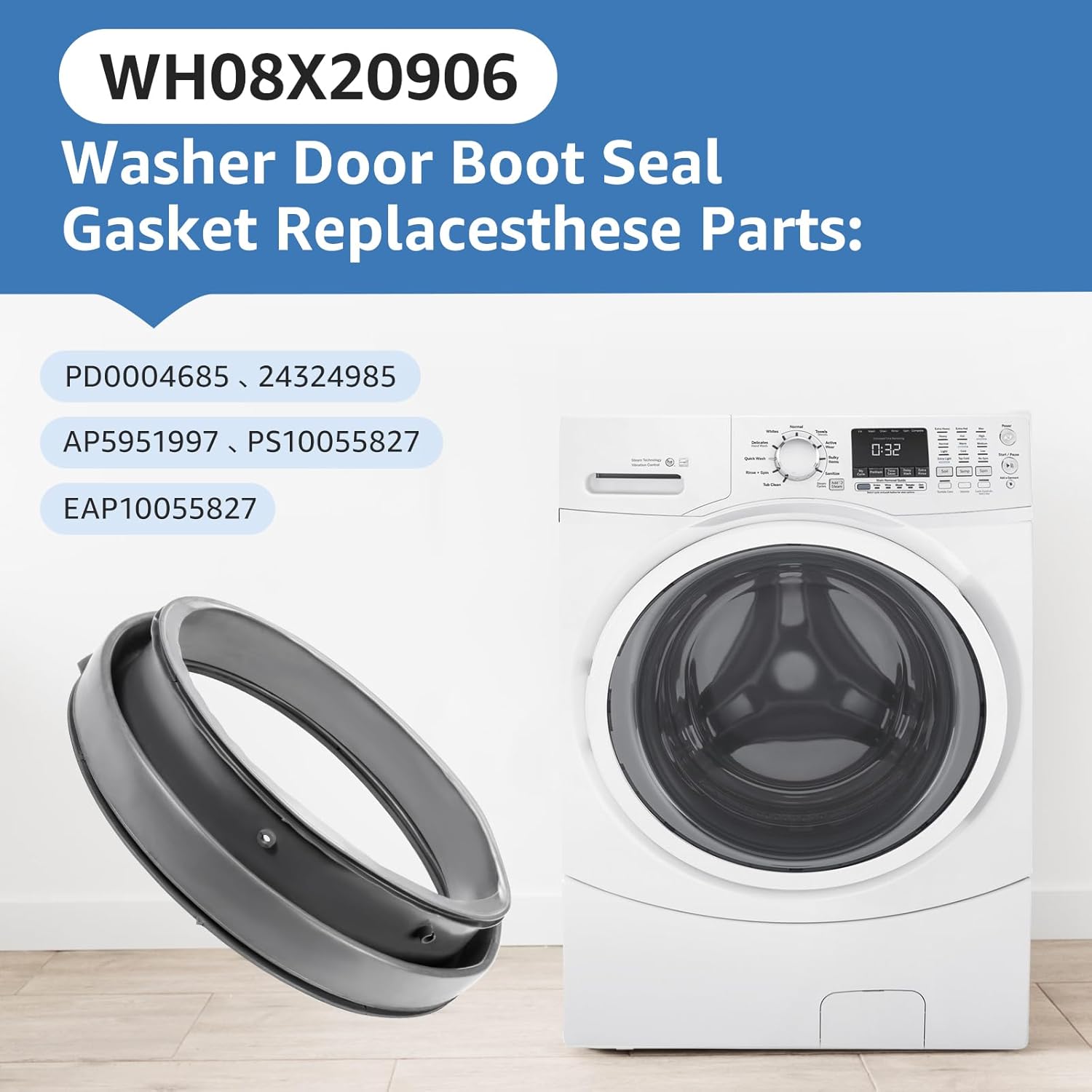 WH08X20906 Washer Door Boot Seal Gasket Compatible with GE Washer Machine Compatible Models GFW450SPK0DG GFW450SSK0WW GFWS1705H0DG GFWS1705H1DG GFWS1700H0WW GFWS1700H1WW etc Series.