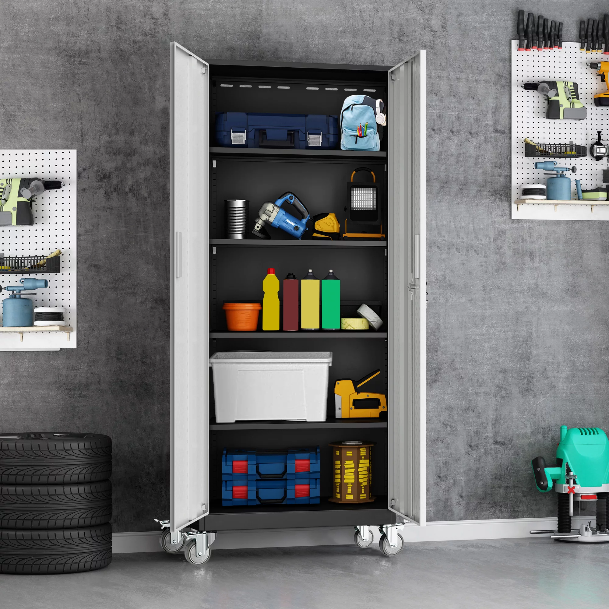 Tall Metal Storage Garage Cabinets with Wheels Locking Doors and 4 Adjustable Shelves, Double Handles, Steel Storage Cabinet for Garage, Office, Bedroom,Classroom, School,Gym (Gray with Pulleys)