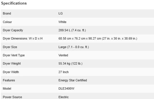 LG WHITE 7.4 CU. FT. ULTRA LARGE CAPACITY ELECTRIC DRYER - DLE3400W
