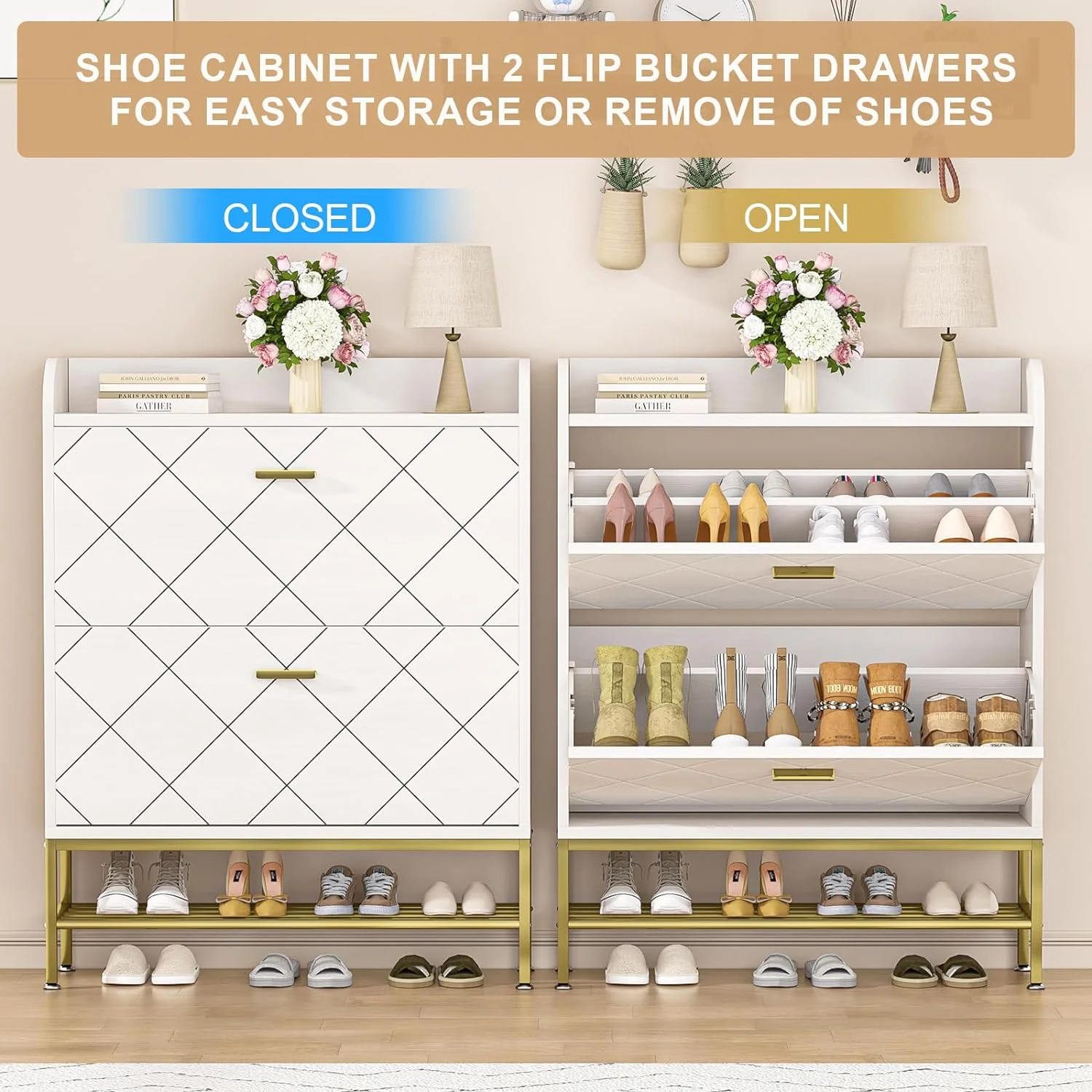 WAGEE Hidden Shoe Cabinet with Flip Drawers for Entryway, Free Standing Narrow Shoe Rack Organizer Modern Wooden Slim Shoe Storage Cabinet for Small Spaces, Living Room, Bedroom (White)