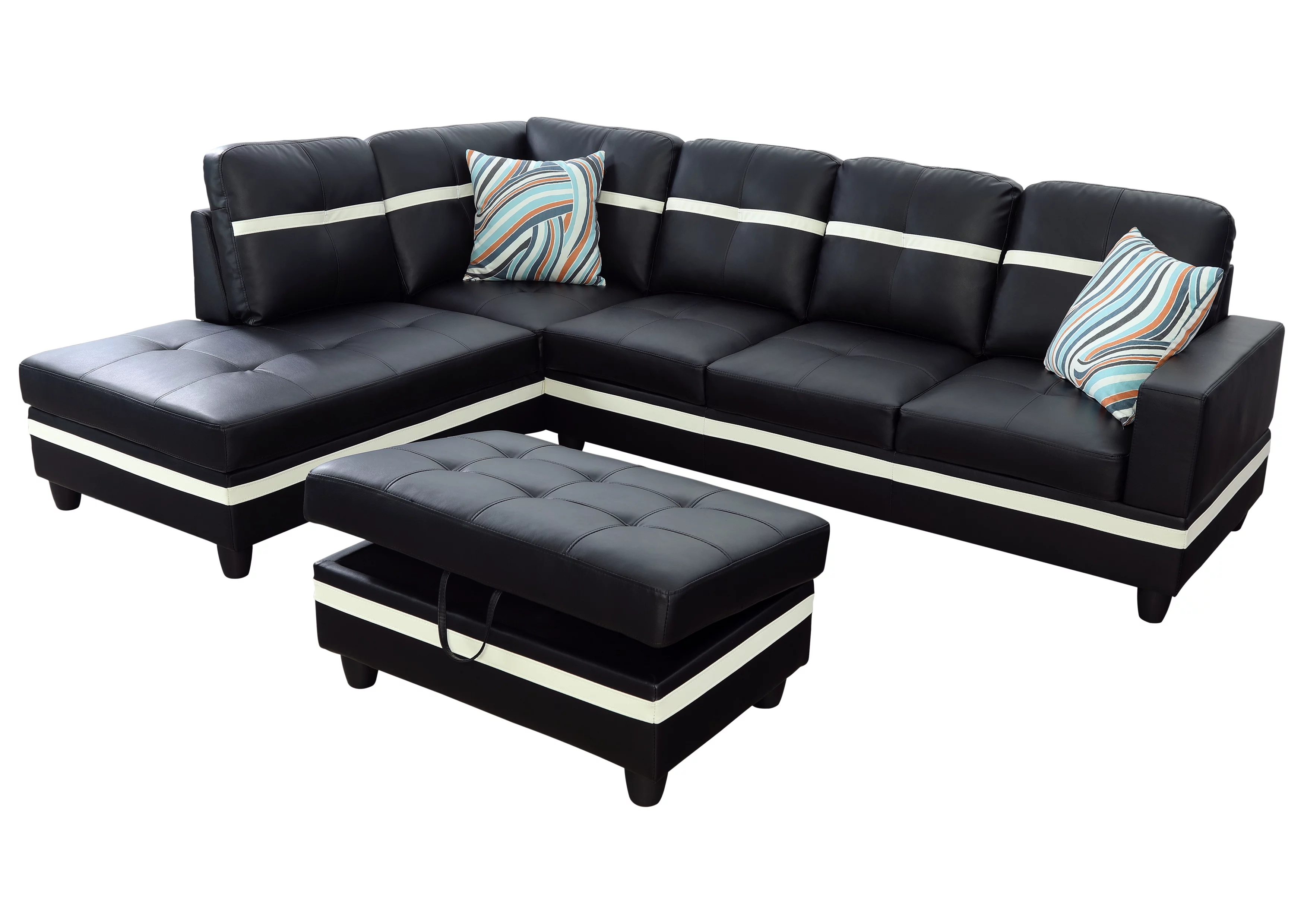 AYCP Furniture Sectional Sofa Set with Storage Ottoman, Left Hand Facing Chaise, Black Faux Leather