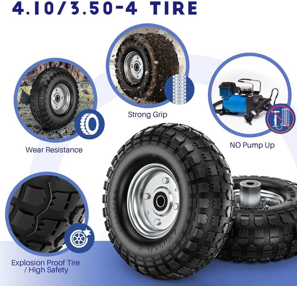 Winisok 4.10/3.50-4 Tire Wheels Flat Free, 10" Heavy Duty Solid Replacement Tire with 5/8&rsquo;&rsquo; Bearings for Wagon/Gorilla Carts/Wheelbarrow/Hand Truck/Generators (4 Pack)