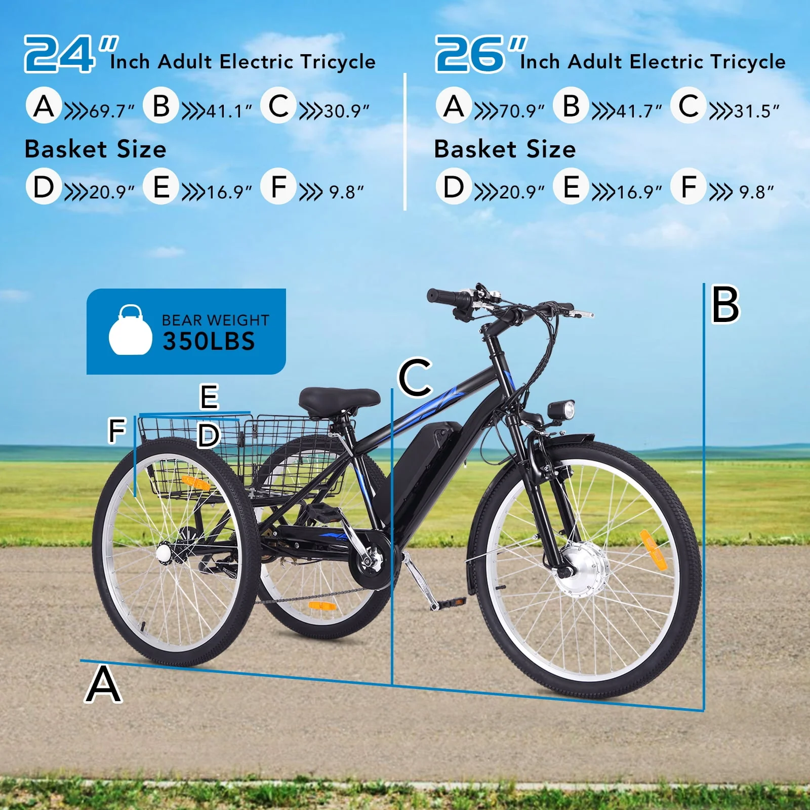 Soonbuy Electric Tricycle 24 Electric Trike, 7 Speeds Motorized Three Wheel Electric Bicycle, 3 Wheels Adult Electric Tricycle with Large Basket,Orange